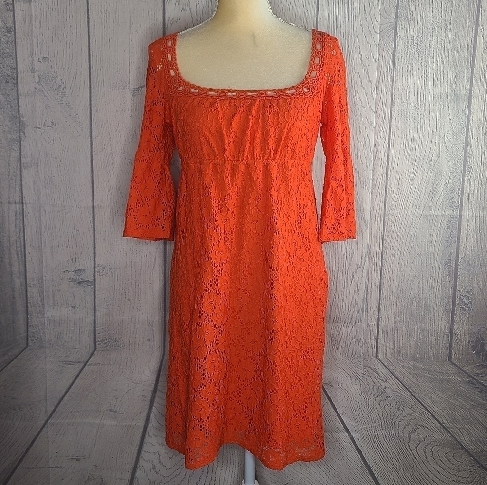 Laundry By Shelli Segal Orange Eyelet Lace Midi Dress Size Small